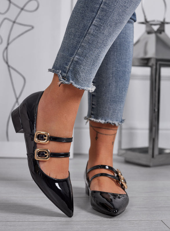 IOLE - Zapatos Mary Jane negros en charol con doble hebilla dorada