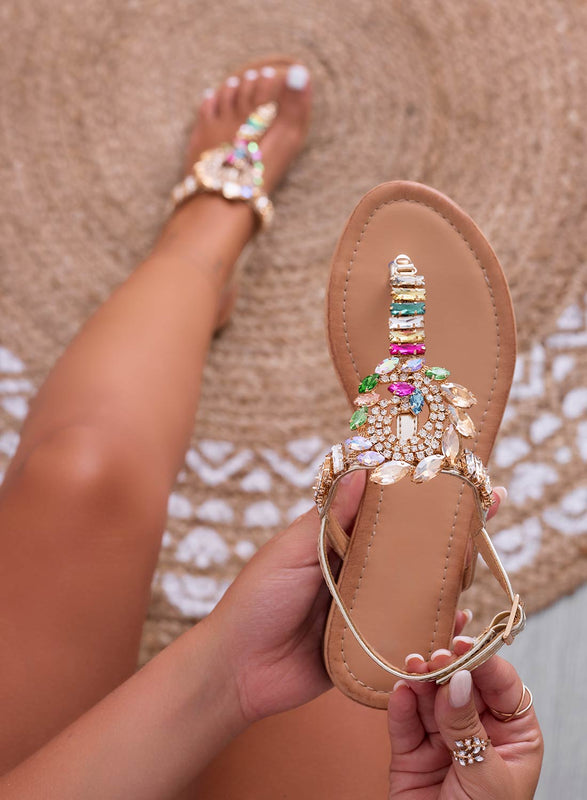 HELLEN - Sandalias de dedo joya doradas con piedras multicolores