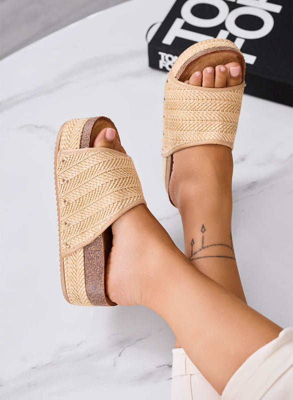 GIUSY - Sandales mules plateforme taupe en corde tressée avec semelle épaisse