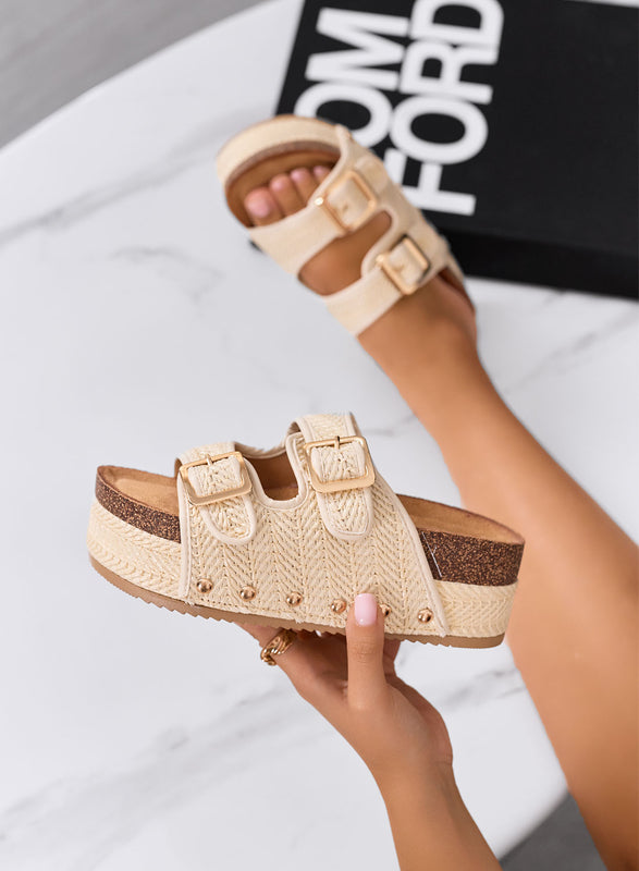 ZETA - Beige wedge sandals with braided rope platform and double buckle