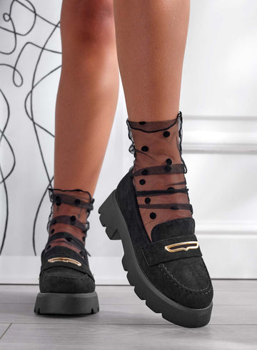 SIBARI - Mocasines de ante negro con placa dorada