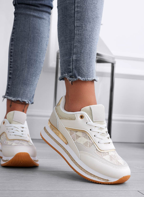 ANNALISA - Baskets beiges avec empiècements pailletés or