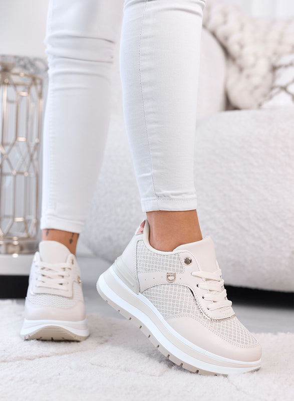 AGATA - Sneakers Platform Beige con Dettagli in Tessuto laminato