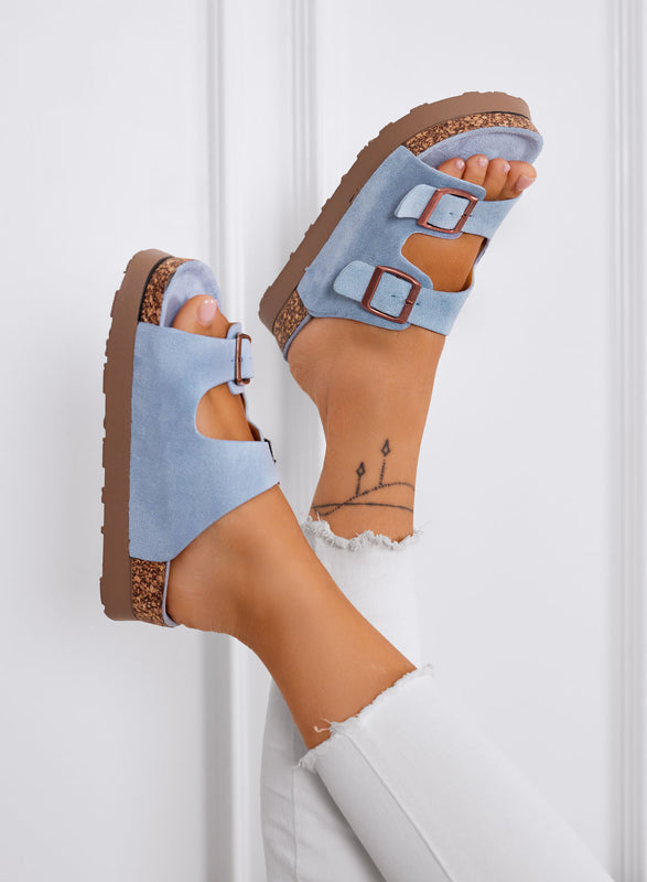 INES - Sandalias Zapatillas azules de ante con hebillas y suela cómoda de corcho