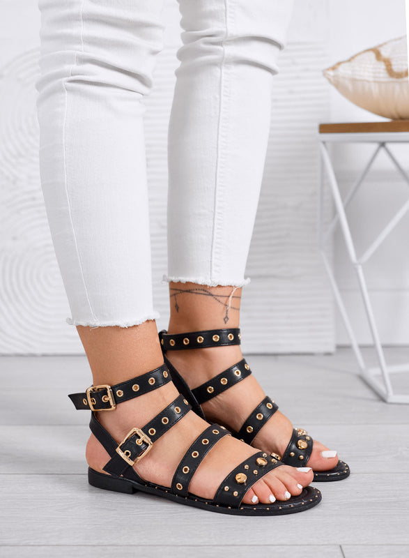 LILY - Sandalias negras bajas efecto pitón con tachuelas y hebillas