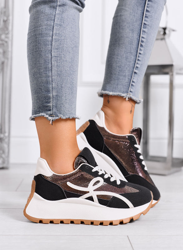 YONA - Zapatillas negras con detalles blancos y suela alta