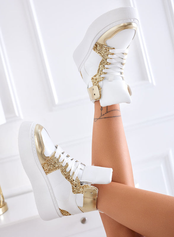 ROSINA - Zapatillas deportivas blancas con inserciones de purpurina dorada