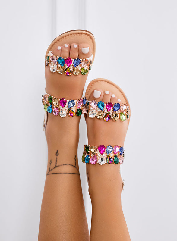 YASMINE - Low white sandals with multicolor jewel stones and ankle strap