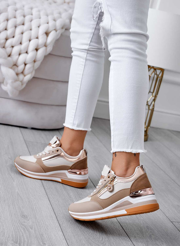 VALENTINA - Zapatillas beige con inserciones de rosas doradas