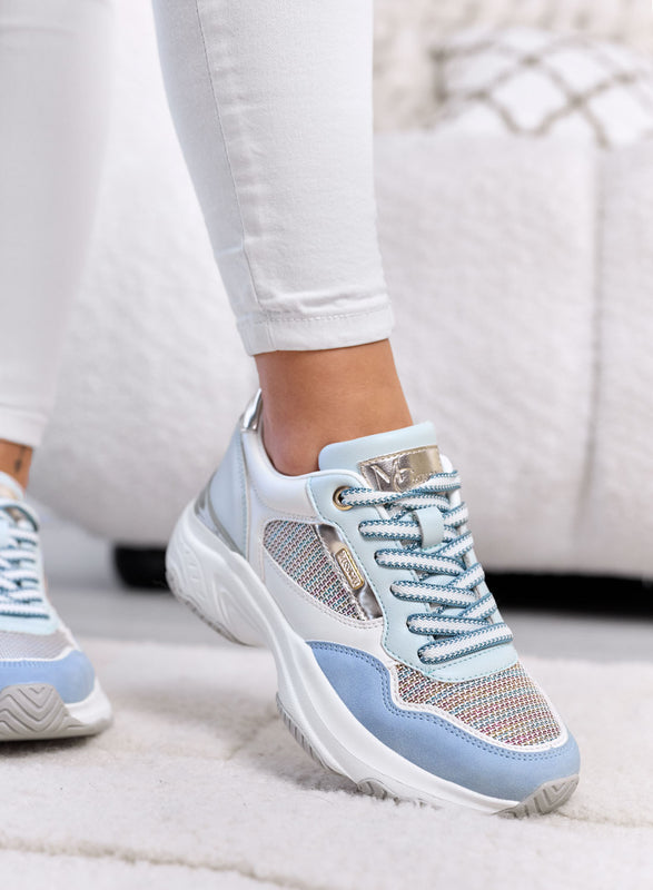 FELICIA - Blue Sneakers with Woven Fabric Inserts and Chunky Sole