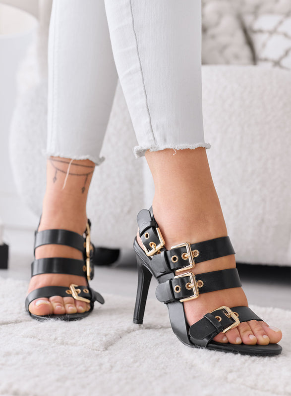 MINA - Sandali neri con Fibbie e Tacco Alto