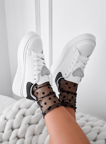 BELINDA - White sneakers with silver rhinestone heart