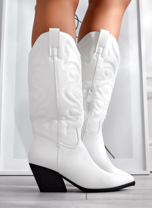 White camper boots with embossed embroidery