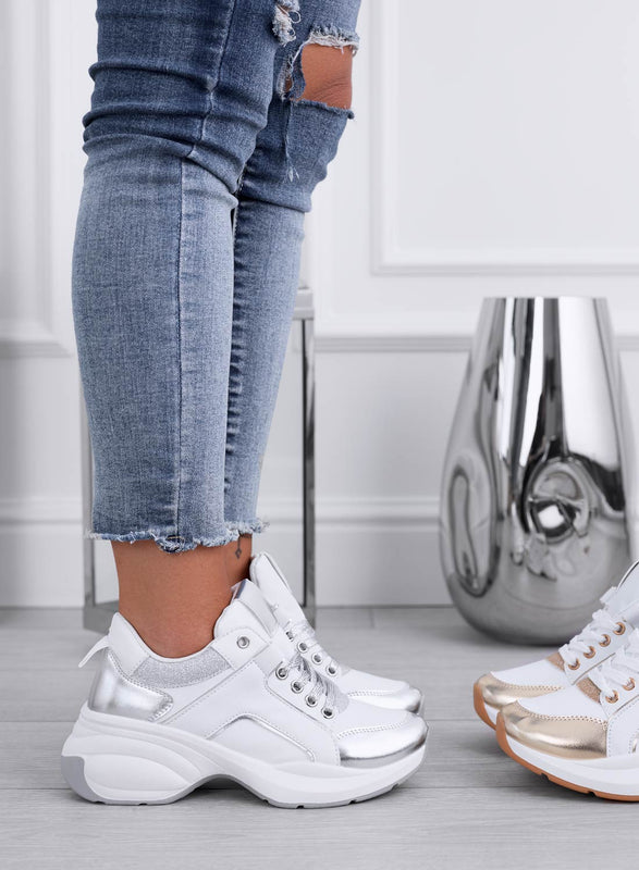 PATTY - Zapatillas blancas con detalles de purpurina plateada