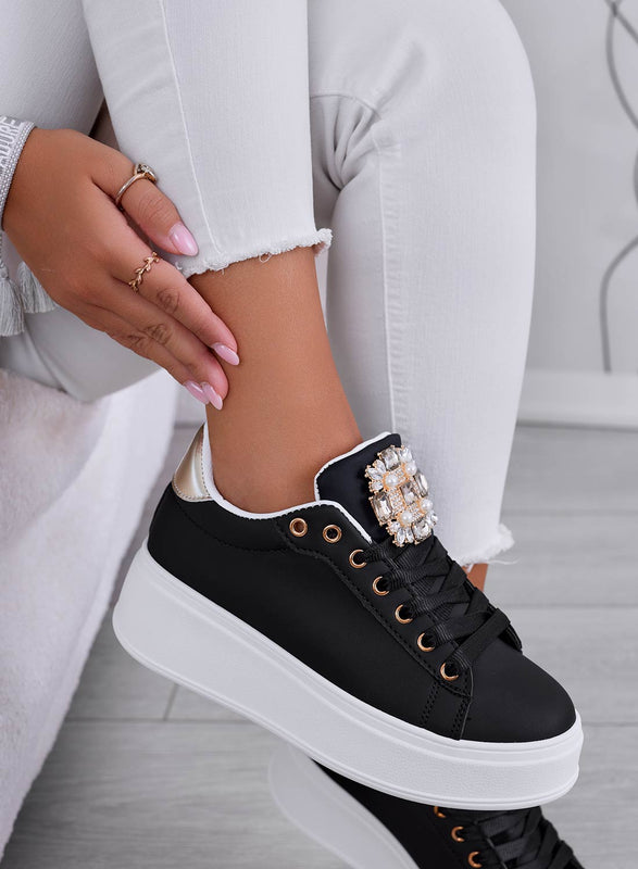 SOPHIE - Black sneakers with jewel embellishment and gold heel