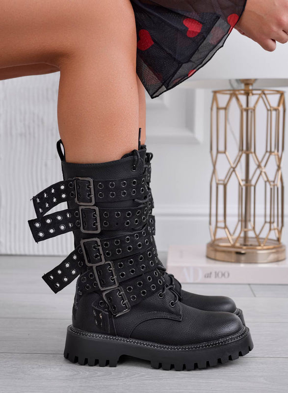 GENEVIEVE - Botas biker negras con hebillas