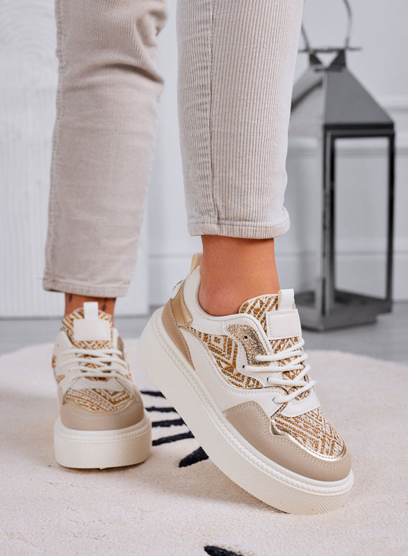 MILLY - Zapatillas beige con detalles en tejido laminado dorado
