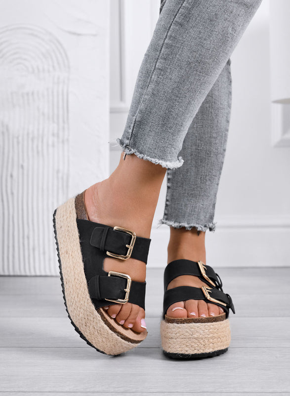 DANIEL - Sandalias negras tipo chancla con plataforma, doble hebilla y suela de cuerda