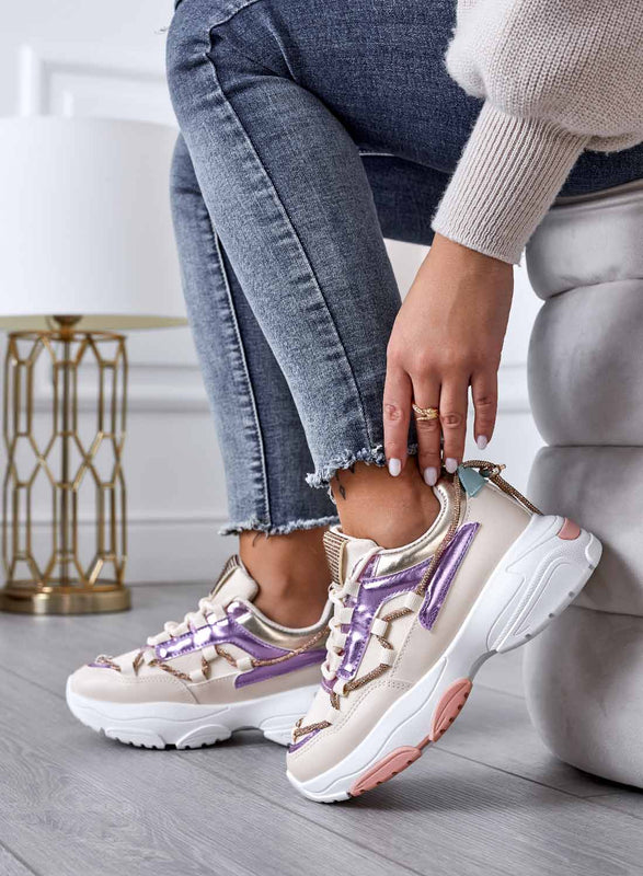 Beige sneakers with thick sole and rhinestones