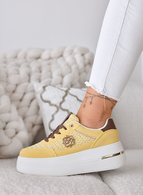 CLARA - Yellow Platform Sneakers with Woven Inserts and Brown Details
