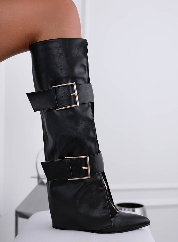 ASMIRA - Black boots with zip and gold buckles