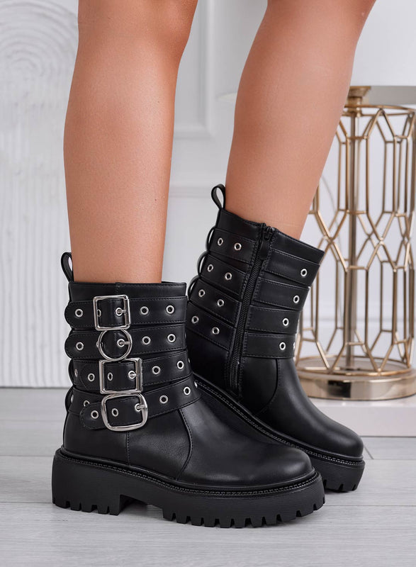 DOMINIQUE - Botines biker negros con hebillas