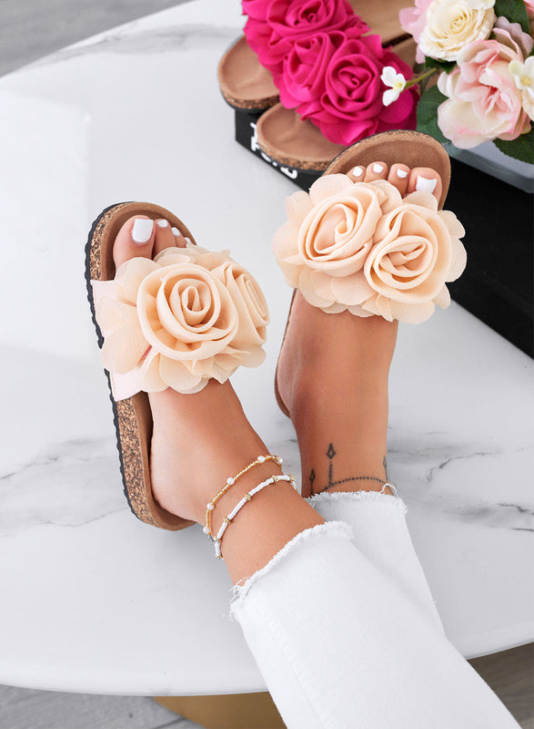 SUMMER - Sandalias beige tipo chancla con flores aplicadas