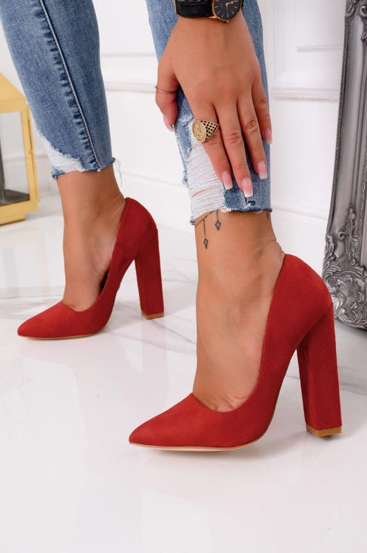 DELIA - Zapatos de salón rojos de ante con tacón ancho