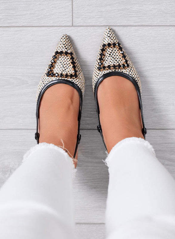 NAIMA - Escarpines negros slingback de tela trenzada con hebilla de joya