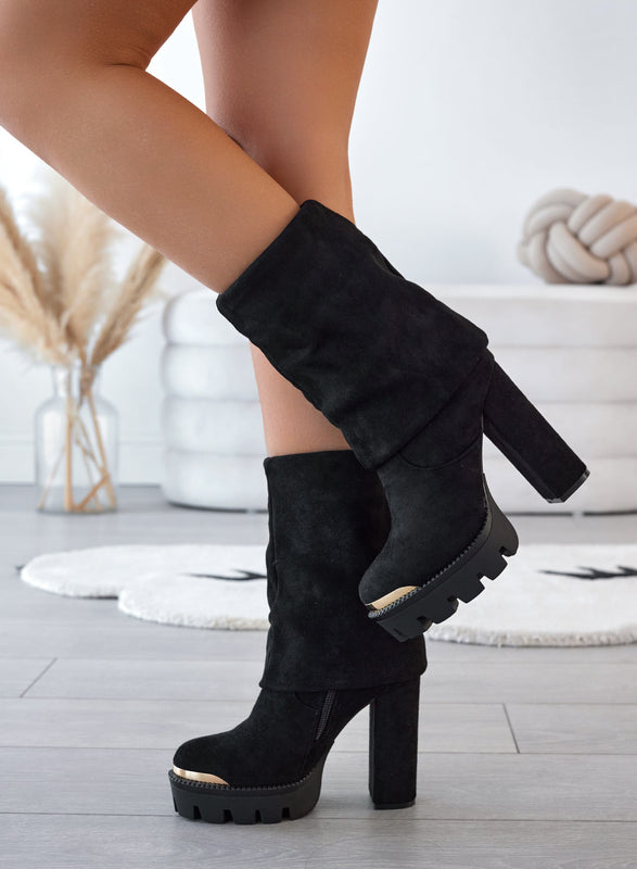 JOSEPH - Black suede boots with cuff and gold plate