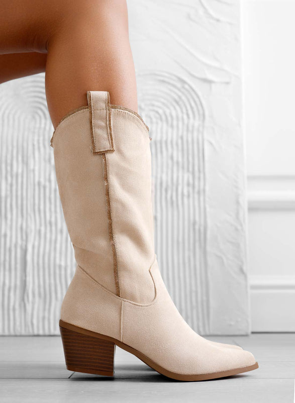 PRISMA - Beige camper ankle boots with rhinestone edges