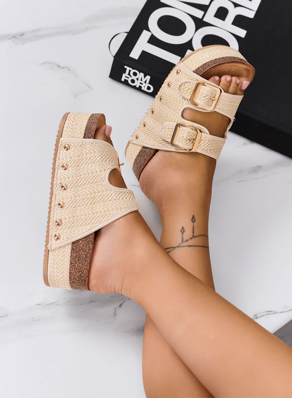 ZETA - Beige wedge sandals with braided rope platform and double buckle