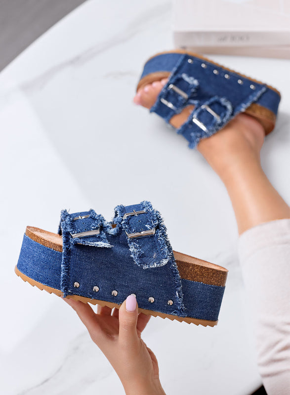 MARGOT - Sandali Ciabatte Platform in blu Denim con Fibbie