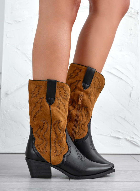 CALINDA - Botas camper negras con tejido ante camel