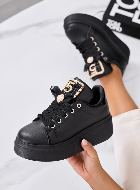 VALENTINA - Black platform sneakers with number 5 and pearl detail