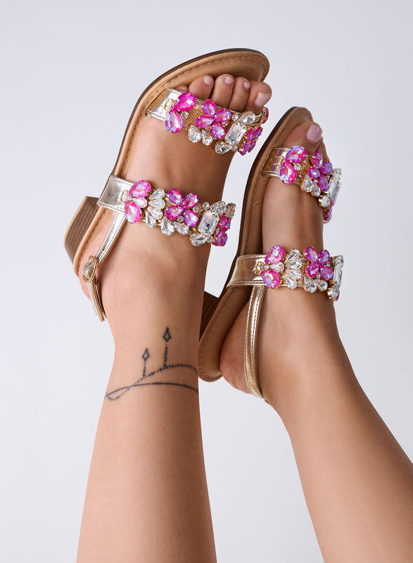 DIAMOND - Sandalias fucsia bajas con piedras joya y correa
