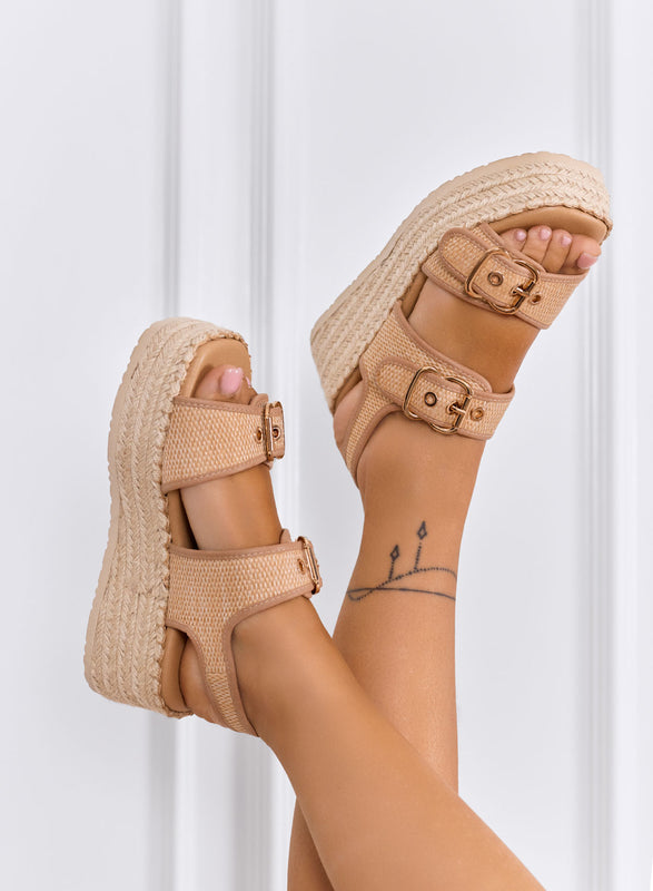 AUDREY - Sandales taupe à plateforme avec double boucle dorée et semelle en corde