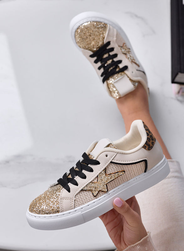 ANNALISA - Baskets basses beiges avec paillettes dorées et talon léopard