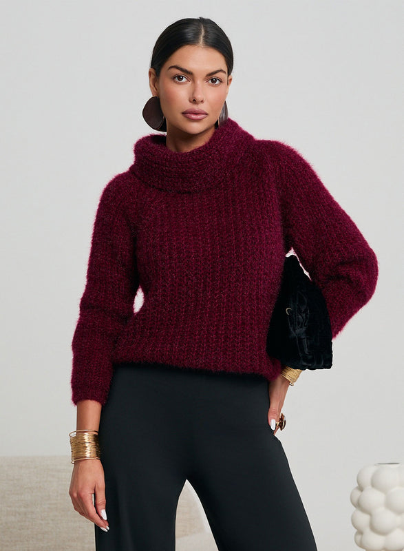 Suéter burdeos de cuello alto, suave y cálido