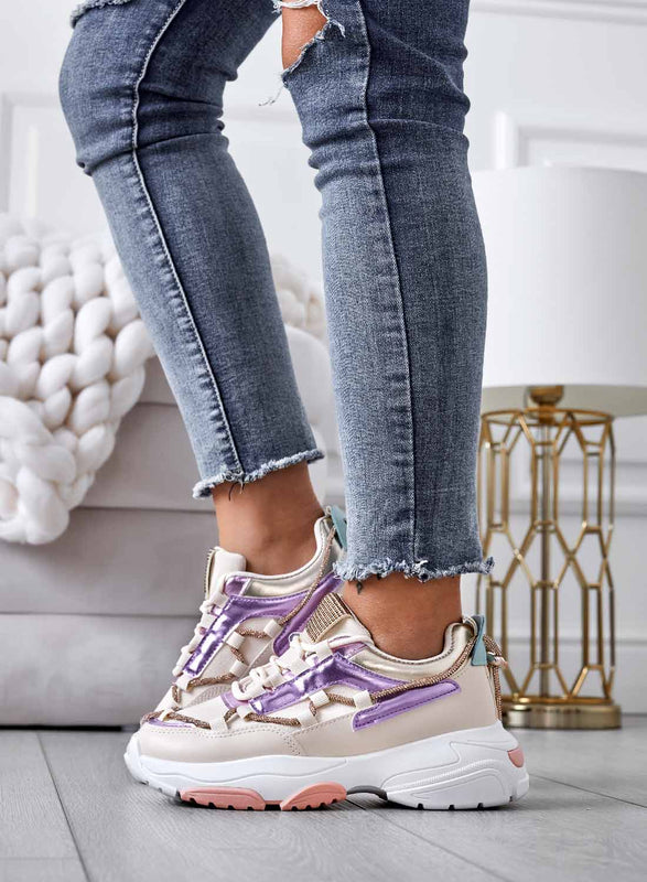 Beige sneakers with thick sole and rhinestones