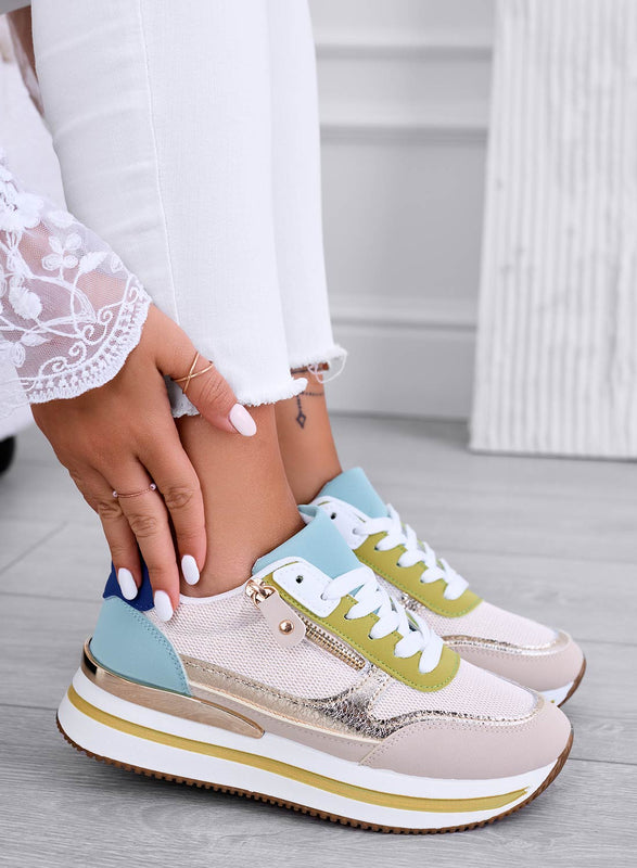 JOYCE - Sneakers beige con inserti oro e zip laterale
