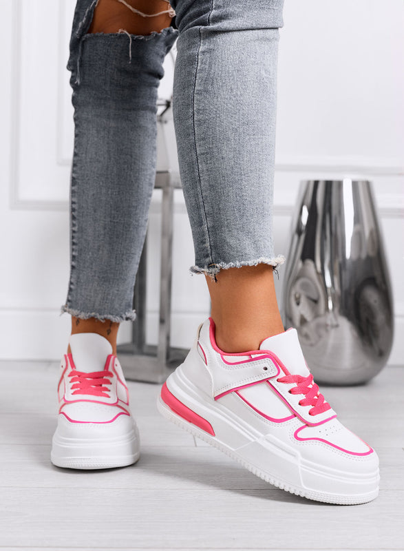 ROBBIE - White sneakers with laces and fuchsia edges