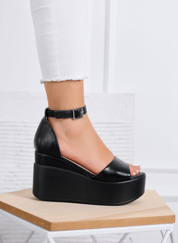 PENNY - Sandalias negras tipo plataforma con cinturón en el tobillo