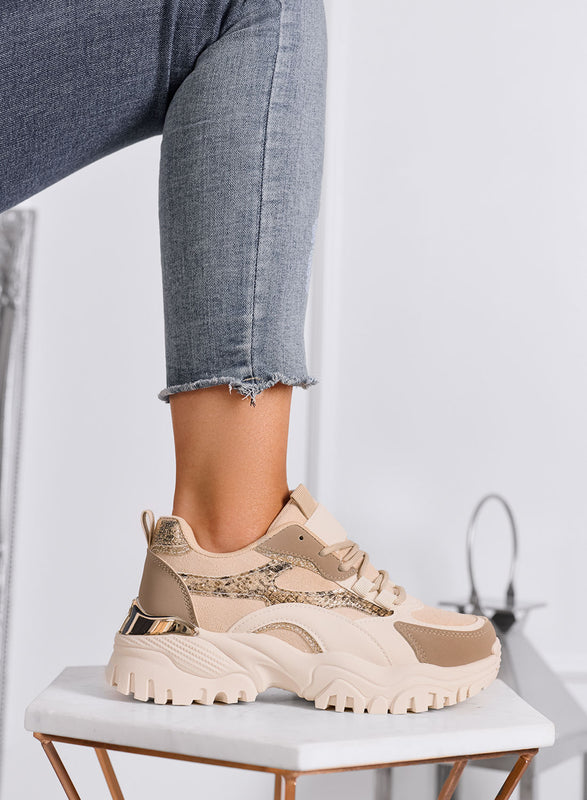 LUCINDA - Zapatillas chunky beige con detalles animal print y suela alta
