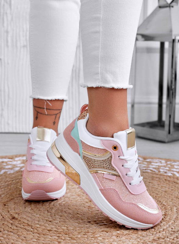 Sneakers rosa con zeppa e inserti oro