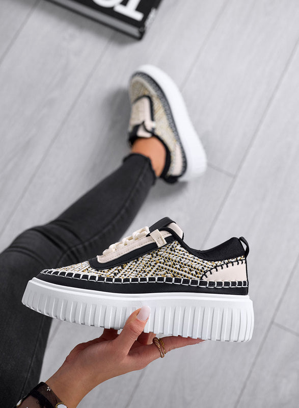 NUNZIA - Zapatillas negras con insertos en tejido laminado dorado