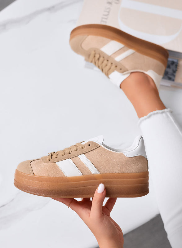 ROGER - Zapatillas Platform Beige Ante con Detalles Blancos