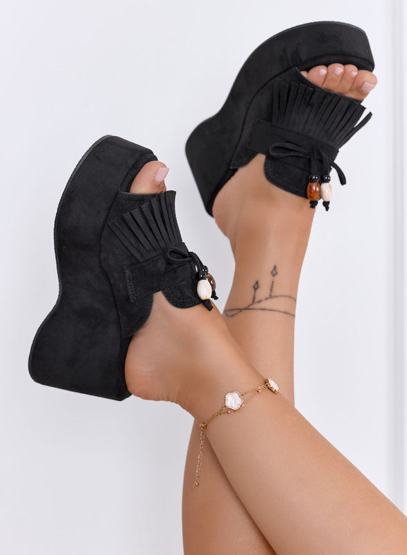 ROVE - Sandali sabot neri con zeppa e frange