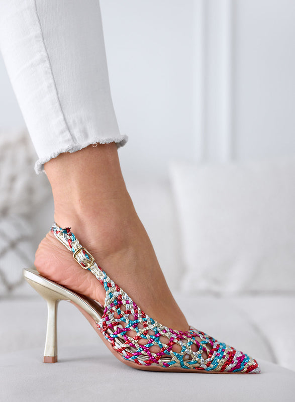ISABEL - Escarpin multicolore slingback en raphia tressé avec talon