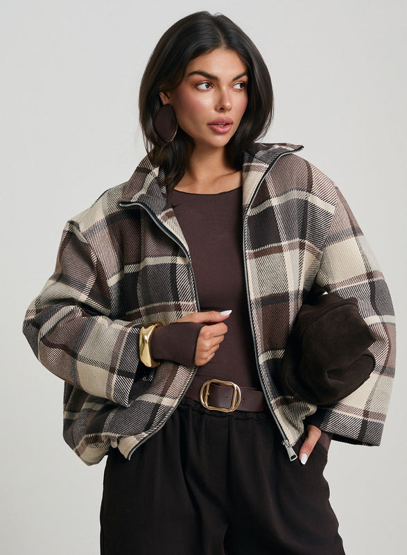 Giacca bomber a quadri marrone e beige